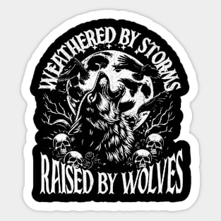 Weathered by Storms, Raised by Wolves T-Shirt: Howling Wolf & Crows - Mystical Nature Tee Sticker
